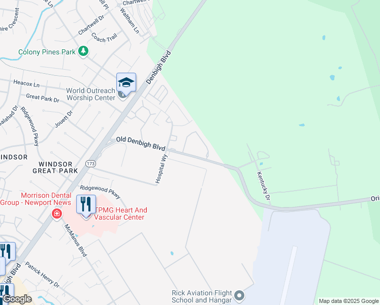 map of restaurants, bars, coffee shops, grocery stores, and more near 1125 Old Denbigh Boulevard in Newport News