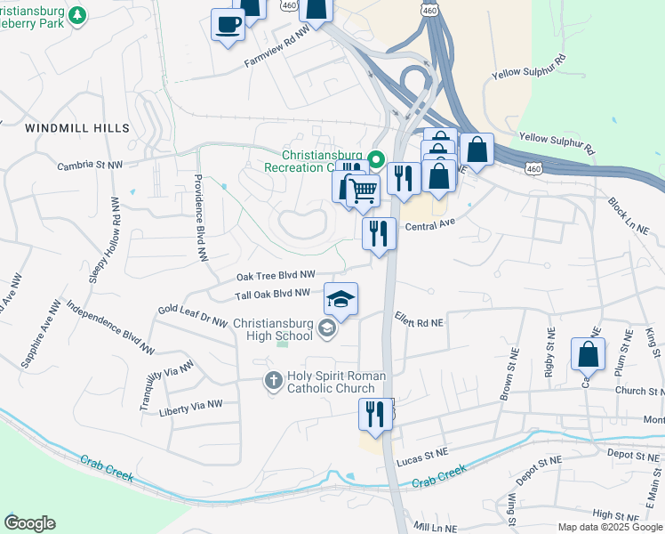 map of restaurants, bars, coffee shops, grocery stores, and more near 355 Oak Tree Boulevard Northwest in Christiansburg