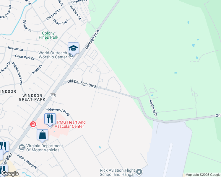 map of restaurants, bars, coffee shops, grocery stores, and more near 1141 Old Denbigh Boulevard in Newport News