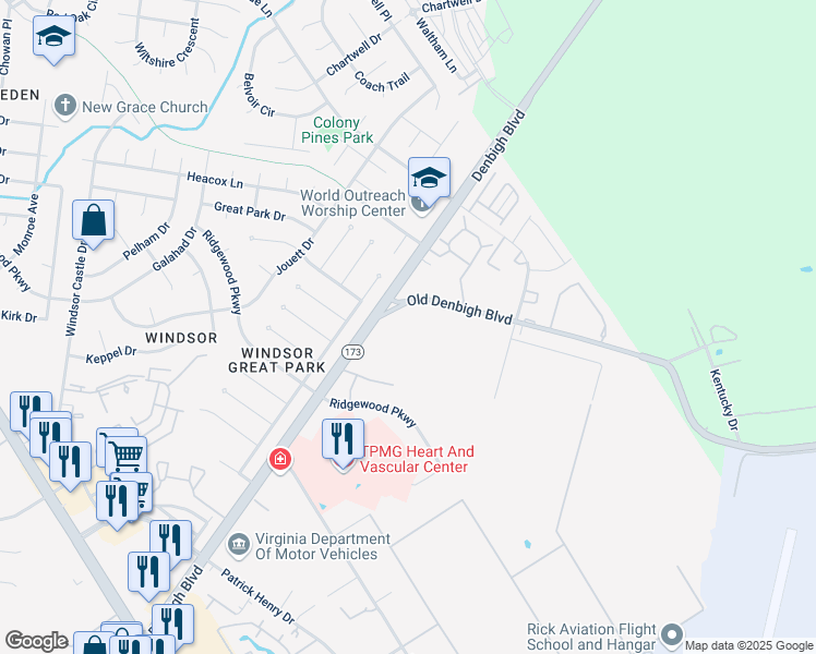 map of restaurants, bars, coffee shops, grocery stores, and more near 924-978 Old Denbigh Blvd in Newport News