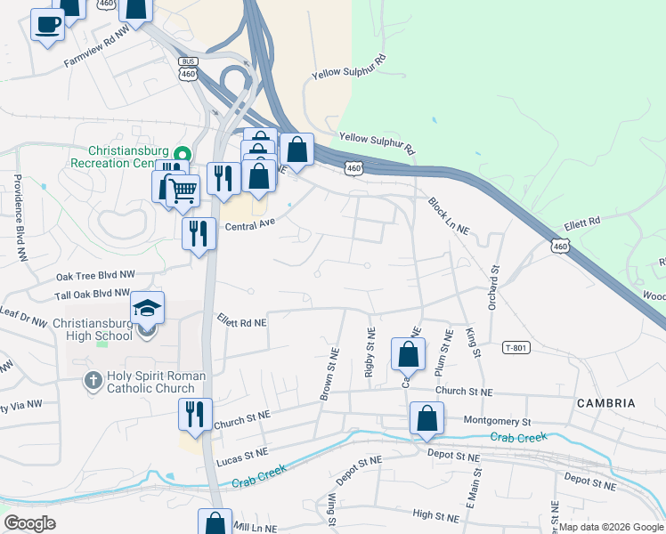 map of restaurants, bars, coffee shops, grocery stores, and more near 360 Wakeman Court Northeast in Christiansburg