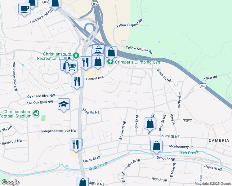 map of restaurants, bars, coffee shops, grocery stores, and more near 290 Wakeman Court Northeast in Christiansburg