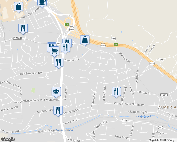 map of restaurants, bars, coffee shops, grocery stores, and more near 290 Wakeman Court Northeast in Christiansburg