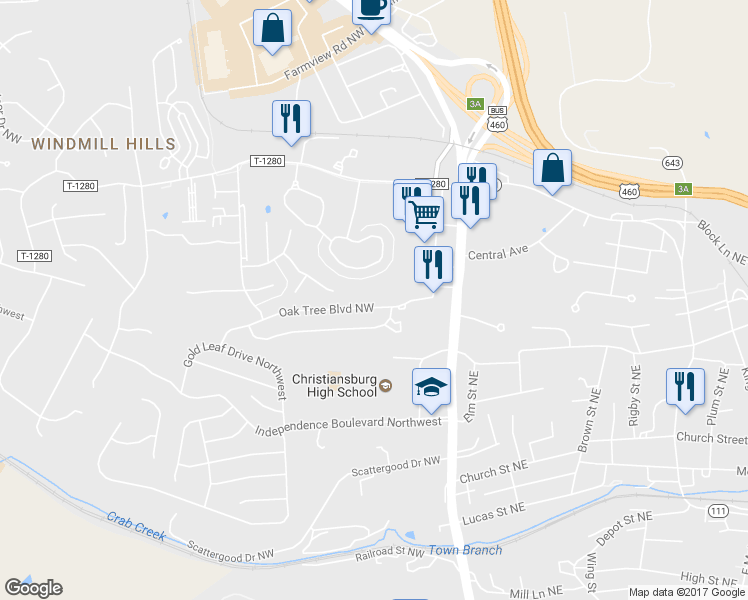 map of restaurants, bars, coffee shops, grocery stores, and more near 355 Oak Tree Boulevard Northwest in Christiansburg