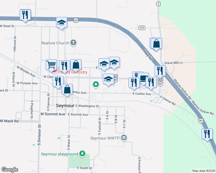 map of restaurants, bars, coffee shops, grocery stores, and more near 640-712 East Clinton Avenue in Seymour
