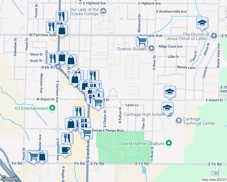 map of restaurants, bars, coffee shops, grocery stores, and more near 2229 Benjamin Drive in Carthage