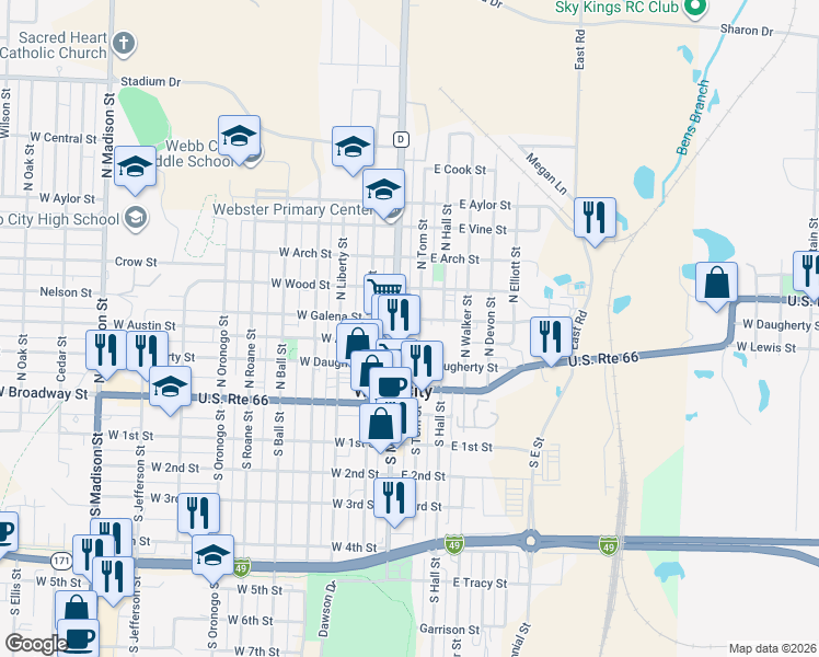 map of restaurants, bars, coffee shops, grocery stores, and more near 406 North Main Street Road in Webb City