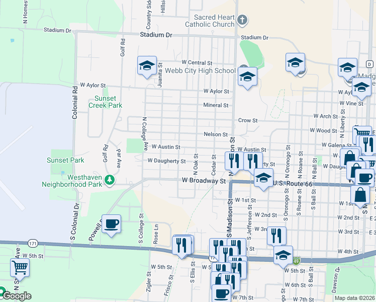 map of restaurants, bars, coffee shops, grocery stores, and more near 301-399 N Oak Ave in Webb City