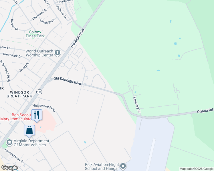 map of restaurants, bars, coffee shops, grocery stores, and more near 32 Otsego Drive in Newport News