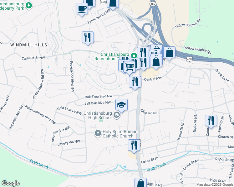 map of restaurants, bars, coffee shops, grocery stores, and more near 355 Oak Tree Boulevard Northwest in Christiansburg