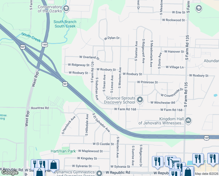 map of restaurants, bars, coffee shops, grocery stores, and more near 3641 South Lexus Avenue in Springfield