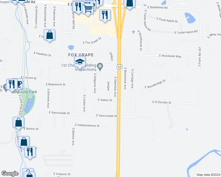 map of restaurants, bars, coffee shops, grocery stores, and more near 3520 South Juniper Avenue in Springfield