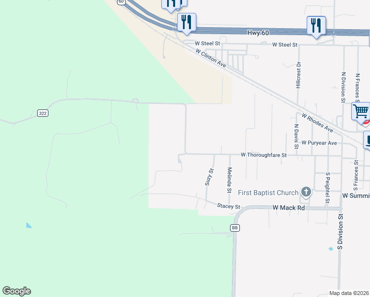 map of restaurants, bars, coffee shops, grocery stores, and more near Finley Falls Road in Seymour