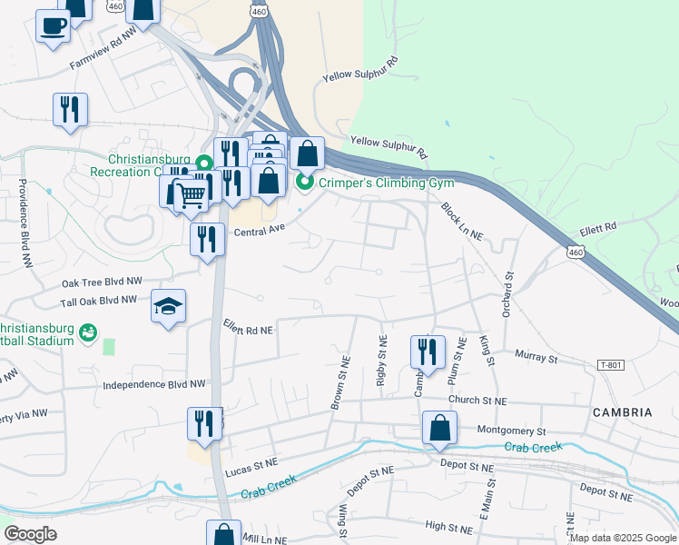 map of restaurants, bars, coffee shops, grocery stores, and more near 360 Wakeman Court Northeast in Christiansburg