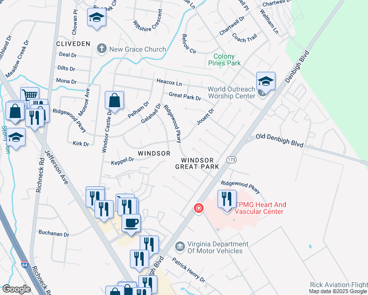 map of restaurants, bars, coffee shops, grocery stores, and more near 41 Ridgewood Parkway in Newport News