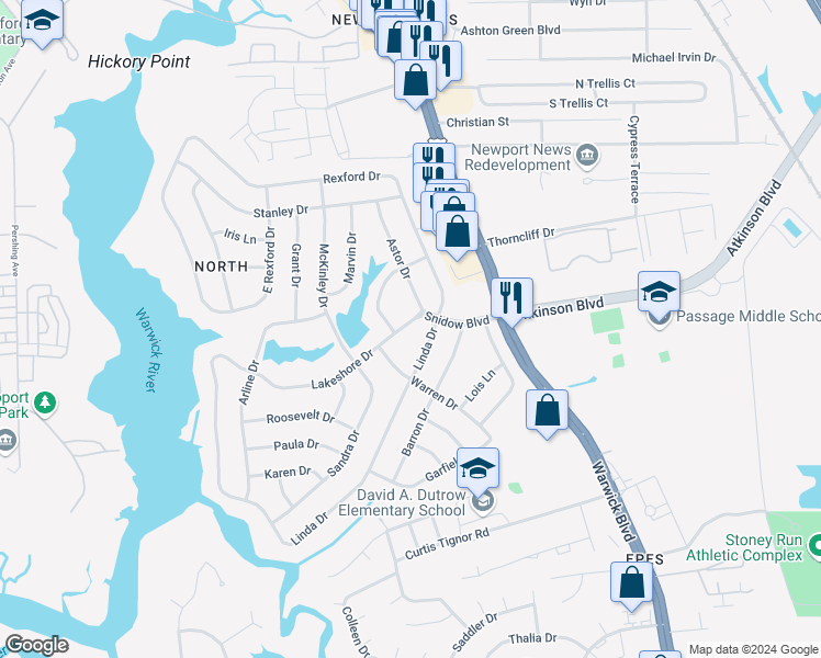 map of restaurants, bars, coffee shops, grocery stores, and more near 9 Lakeshore Drive in Newport News