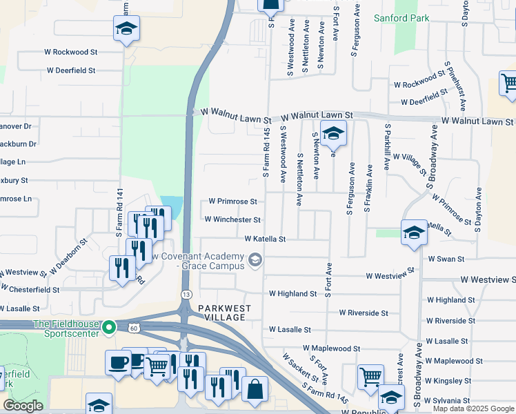 map of restaurants, bars, coffee shops, grocery stores, and more near 1621 West Primrose Street in Springfield