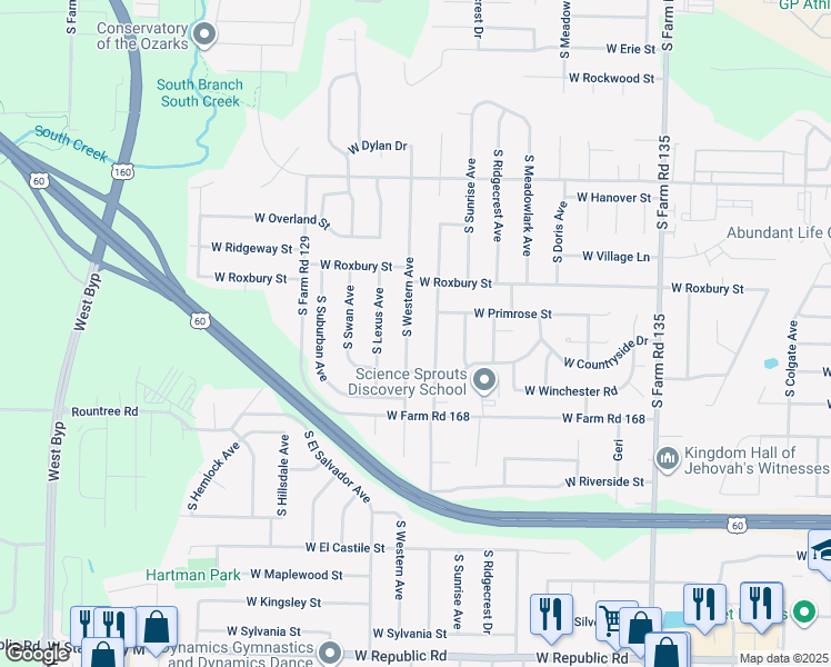 map of restaurants, bars, coffee shops, grocery stores, and more near 3632 South Western Avenue in Springfield