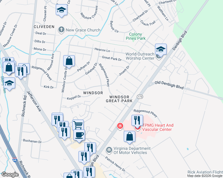 map of restaurants, bars, coffee shops, grocery stores, and more near 41 Ridgewood Parkway in Newport News