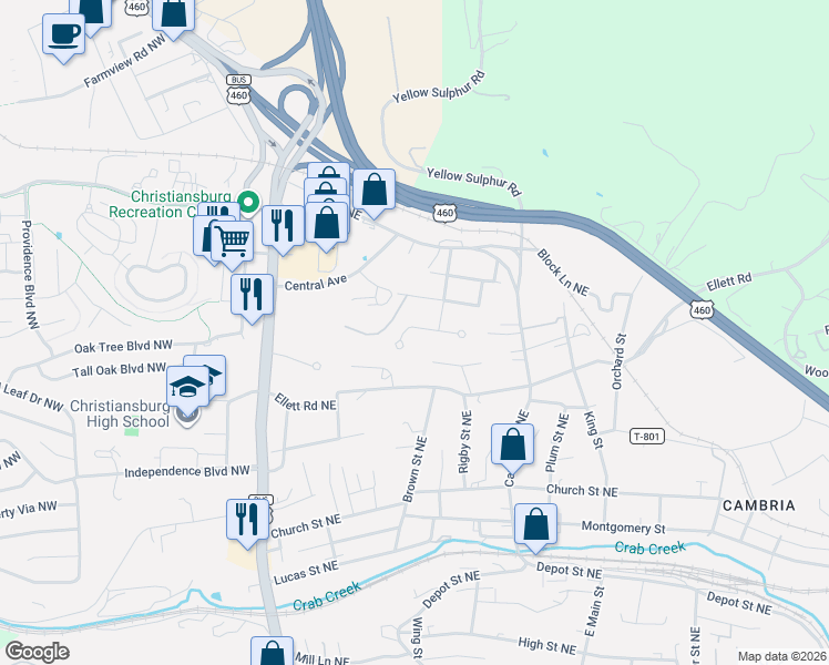 map of restaurants, bars, coffee shops, grocery stores, and more near 360 Wakeman Court Northeast in Christiansburg