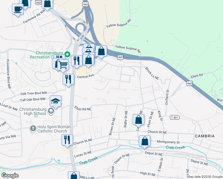 map of restaurants, bars, coffee shops, grocery stores, and more near 360 Wakeman Court Northeast in Christiansburg