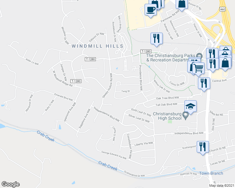 map of restaurants, bars, coffee shops, grocery stores, and more near 105 Twig Street in Christiansburg