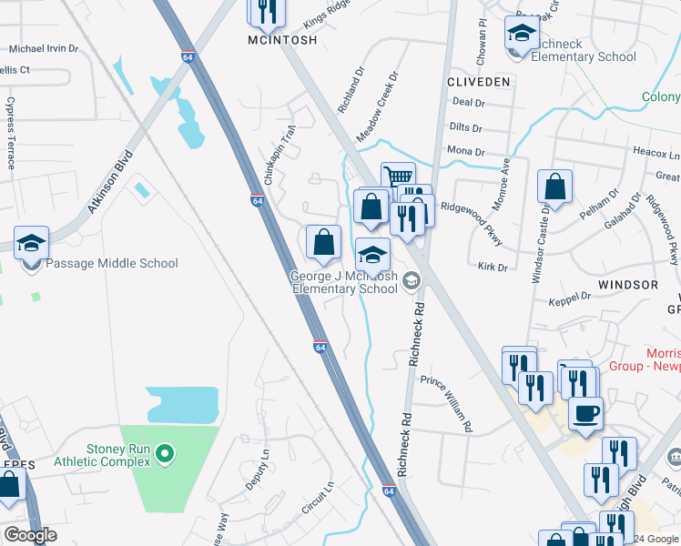map of restaurants, bars, coffee shops, grocery stores, and more near 481 Crosland Court in Newport News