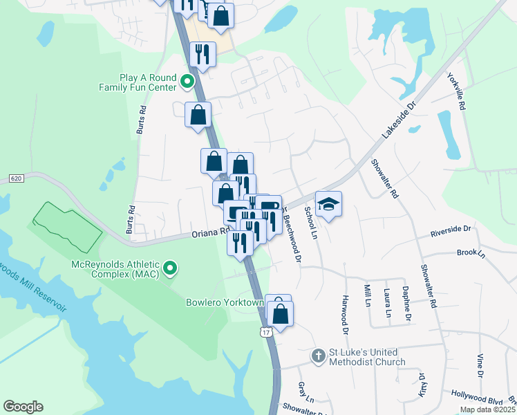 map of restaurants, bars, coffee shops, grocery stores, and more near 103 Carraway Terrace in Yorktown