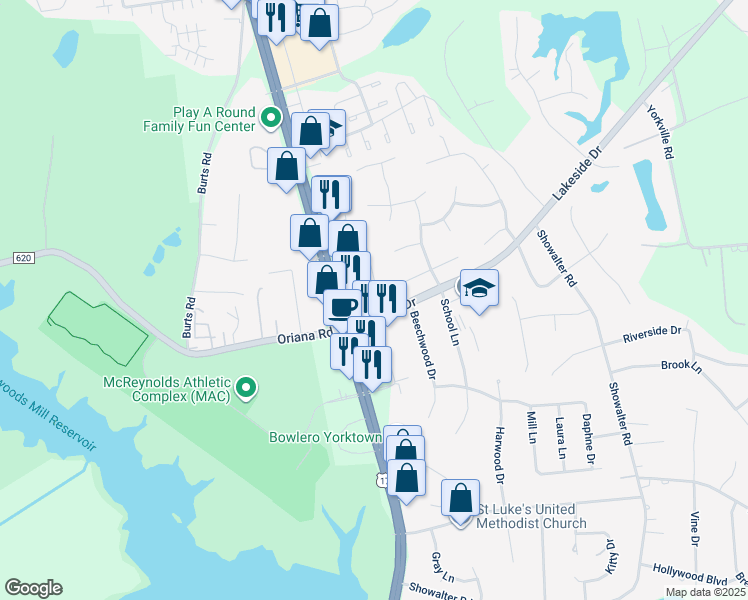 map of restaurants, bars, coffee shops, grocery stores, and more near 103 Carraway Terrace in Yorktown