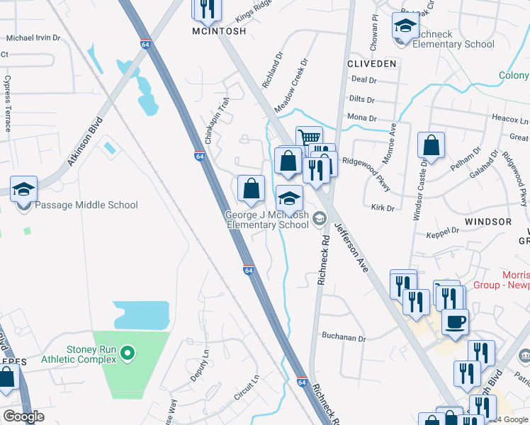 map of restaurants, bars, coffee shops, grocery stores, and more near 481 Crosland Court in Newport News