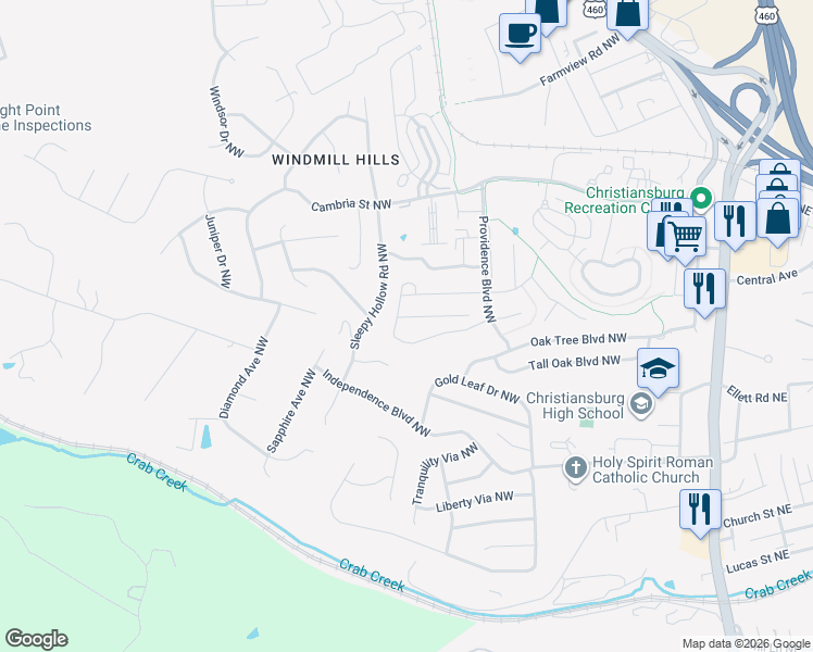 map of restaurants, bars, coffee shops, grocery stores, and more near 105 Twig Street in Christiansburg