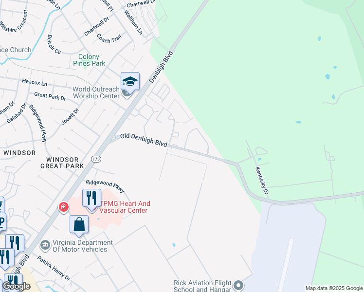 map of restaurants, bars, coffee shops, grocery stores, and more near 1 Oneonta Drive in Newport News