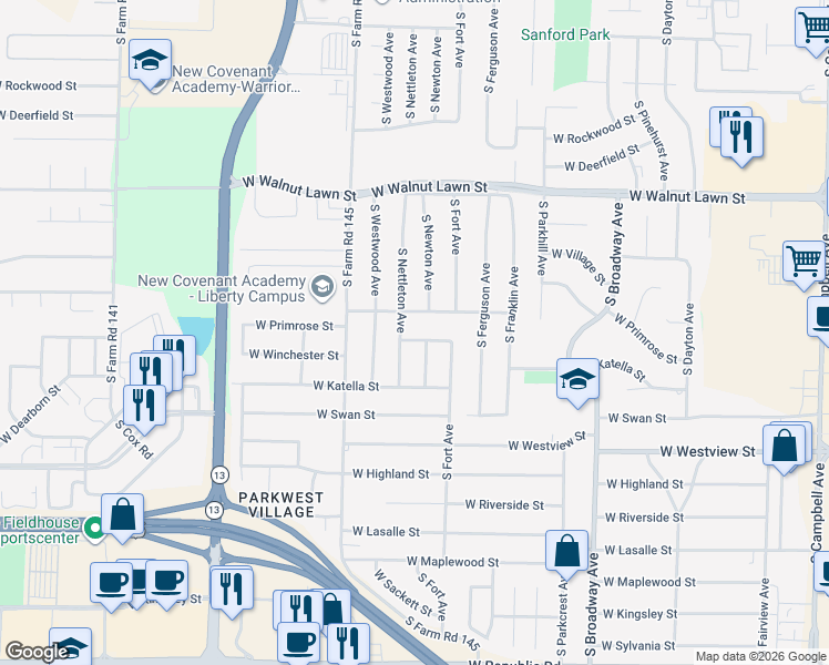 map of restaurants, bars, coffee shops, grocery stores, and more near 1324 West Winkler Street in Springfield