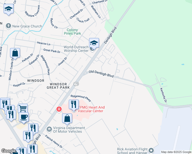 map of restaurants, bars, coffee shops, grocery stores, and more near 924-978 Old Denbigh Boulevard in Newport News