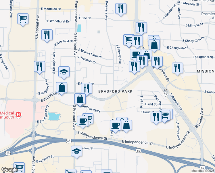 map of restaurants, bars, coffee shops, grocery stores, and more near 3544 South Weller Avenue in Springfield
