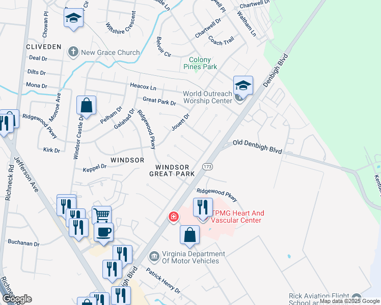 map of restaurants, bars, coffee shops, grocery stores, and more near 16 Effingham Place in Newport News