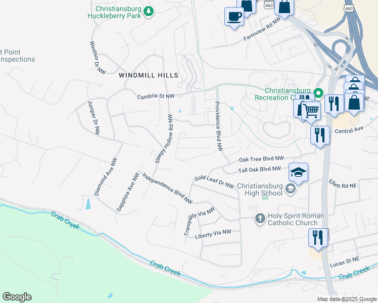 map of restaurants, bars, coffee shops, grocery stores, and more near 140 Twig Street in Christiansburg