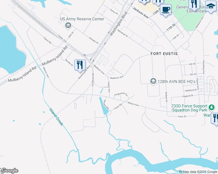 map of restaurants, bars, coffee shops, grocery stores, and more near 2104 Taylor Avenue in Newport News