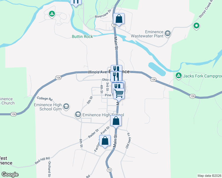 map of restaurants, bars, coffee shops, grocery stores, and more near 18106 3rd Street in Eminence