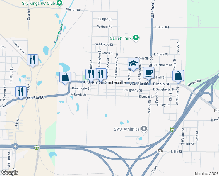 map of restaurants, bars, coffee shops, grocery stores, and more near 201-221 W Main St in Carterville