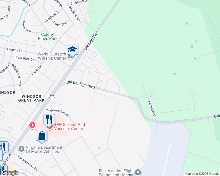 map of restaurants, bars, coffee shops, grocery stores, and more near 1141 Old Denbigh Boulevard in Newport News