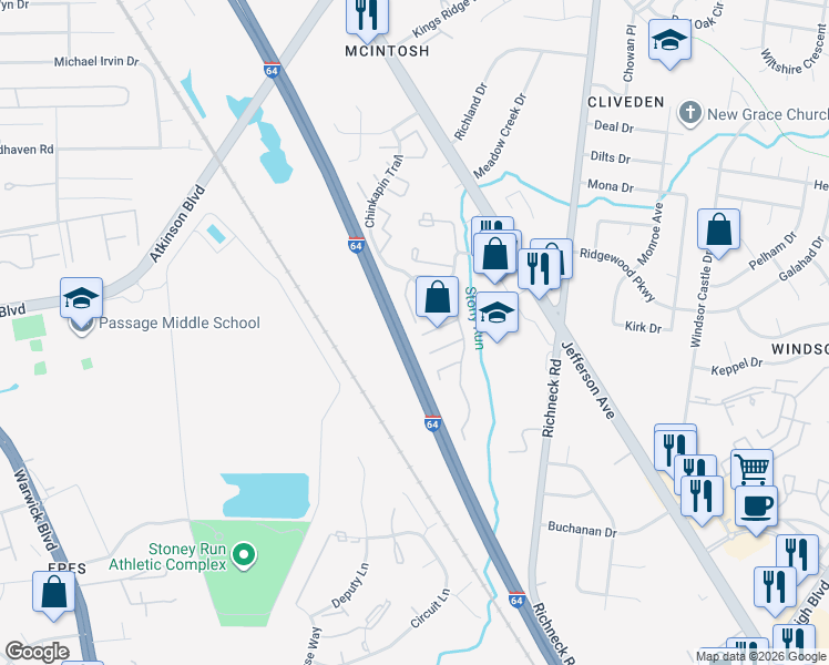 map of restaurants, bars, coffee shops, grocery stores, and more near 469 Springmont Court in Newport News