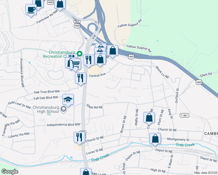 map of restaurants, bars, coffee shops, grocery stores, and more near 155 Central Avenue in Christiansburg