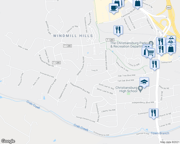 map of restaurants, bars, coffee shops, grocery stores, and more near 105 Twig Street in Christiansburg