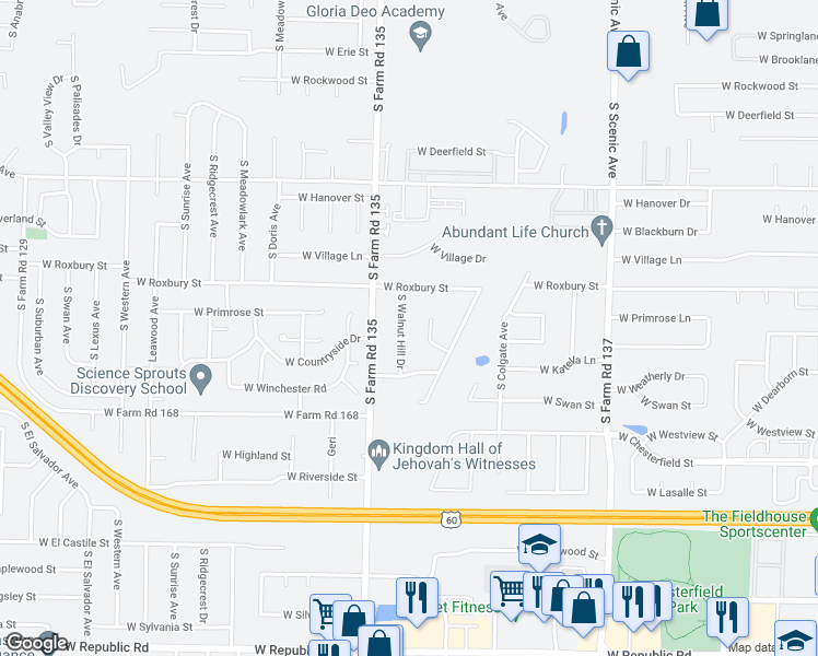map of restaurants, bars, coffee shops, grocery stores, and more near 3611 South Walnut Hill Avenue in Springfield