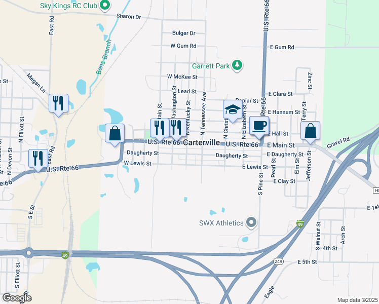 map of restaurants, bars, coffee shops, grocery stores, and more near 201-221 W Main St in Carterville