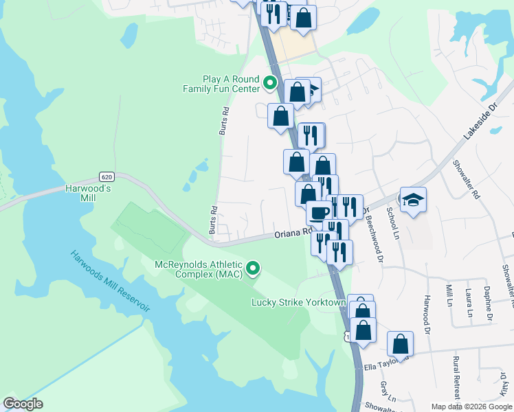map of restaurants, bars, coffee shops, grocery stores, and more near 1217 Oriana Road in Yorktown