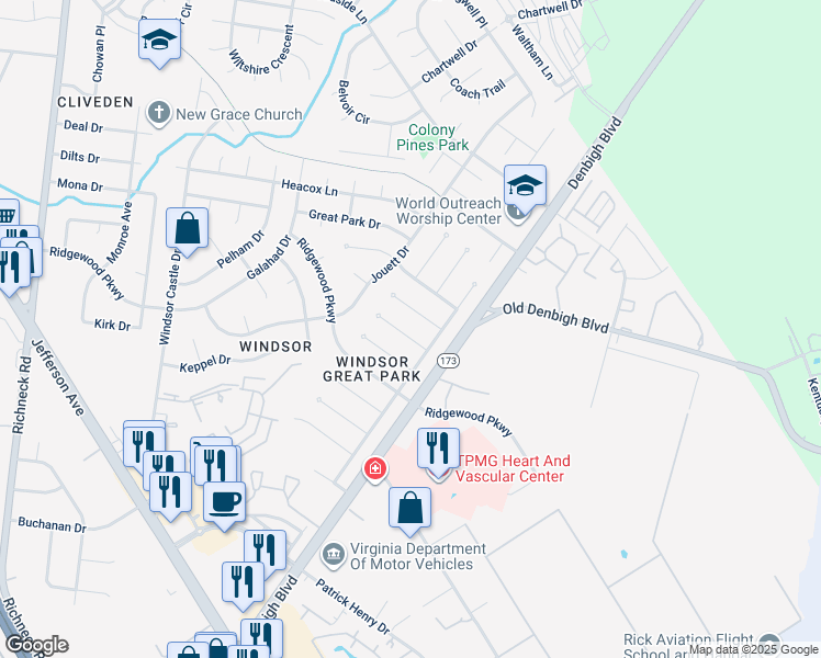 map of restaurants, bars, coffee shops, grocery stores, and more near 16 Effingham Place in Newport News
