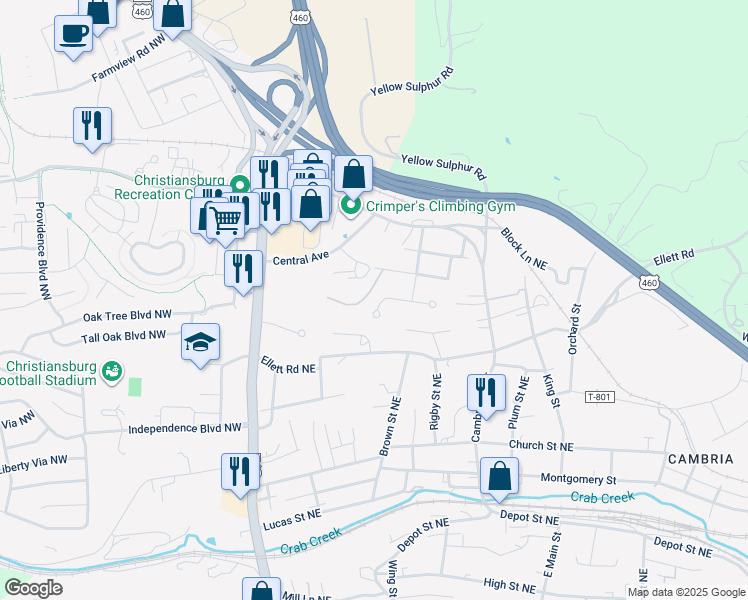 map of restaurants, bars, coffee shops, grocery stores, and more near 155 Central Avenue in Christiansburg