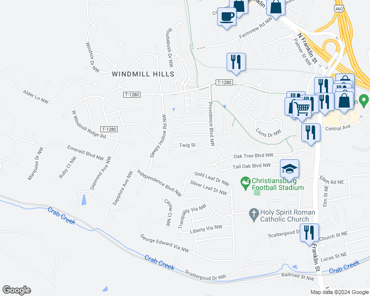 map of restaurants, bars, coffee shops, grocery stores, and more near 170 Twig Street in Christiansburg